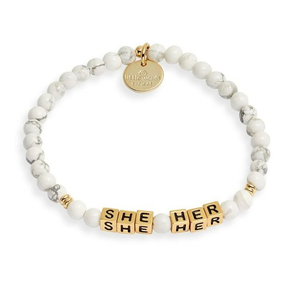 🌺SOLD🌺Little Words Project White Gold She Her Pronoun Beaded Stretch Bracelet - Picture 1 of 5